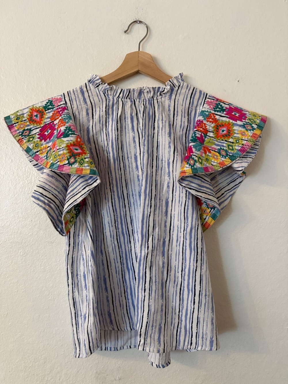 THML Blue Striped Top with Bright Embroidered Flutter Sleeve